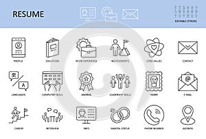 Resume icons. Editable stroke vector set. Includes profile work experience education core values. Achievements hobbies knowledge