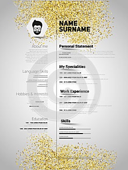 Resume Minimalist CV in gold glitter style, Resume template with