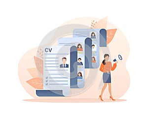 Resume people in flat style. People are lokking for new hires. Laptop screen. Vector illustration.