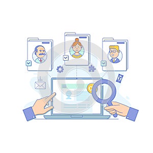 Resume for work. Reviewing the candidates online. Business hiring and recruiting. Flat illustration