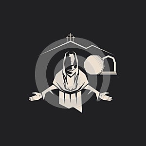 Resurrected Jesus Christ. An empty tomb and a rolled stone. Three crosses on Golgotha. Easter vector illustration. photo