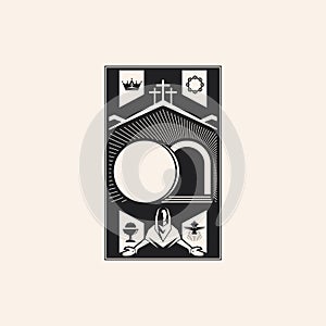 Resurrected Jesus Christ. An empty tomb and a rolled stone. Three crosses on Golgotha. Easter vector illustration