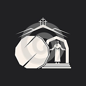 Resurrected Jesus Christ. An empty tomb and a rolled stone. Three crosses on Golgotha. Easter vector illustration