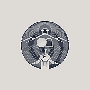 Resurrected Jesus Christ. An empty tomb and a rolled stone. Three crosses on Golgotha. Easter vector illustration. photo