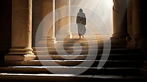 Resurrected jesus christ, symbol of hope and redemption, triumphantly at tomb entrance