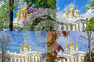 Resurrection church dome of Catherine palace in Tsarskoe Selo Pushkin in different seasons of year, Saint Petersburg, Russia