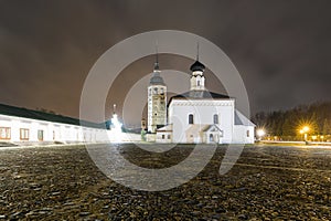 Resurrection Church on the market square in Suzdal at night after rain. Russia, Suzdal. The Golden Ring