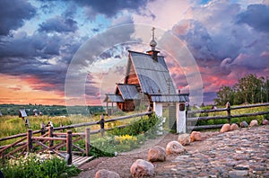 The Resurrection Church on Mount Levitan in Plyos in the rays  sun