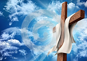 Resurrection or crucifixion. Christian Easter concept. Wooden cross on sky background with clouds. 3d illustration