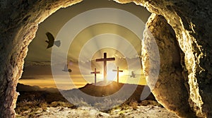 Resurrection - Empty Tomb With Rolled Stone And Doves Flying Out Of Cave