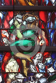Resurrection, God gives people new life, detail of stained glass window in church of Saint John in Piflas, Germany