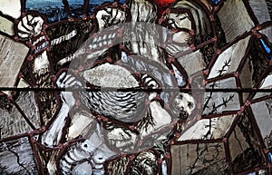 Resurrection, God gives people new life, detail of stained glass window by Sieger Koder in church of St John in Piflas, Germany