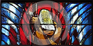 Resurrection, God gives people new life, stained glass window by Sieger Koder in church of St John in Piflas, Germany