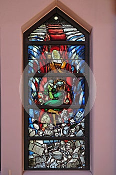 Resurrection, God gives people new life, stained glass window by Sieger Koder in church of St John in Piflas, Germany