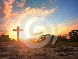 Resurrection of Jesus Christ concept: God Lamb in front of the cross of Jesus Christ on sunrise background
