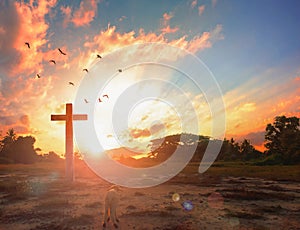 Resurrection of Jesus Christ concept: God Lamb in front of the cross of Jesus Christ on sunrise background