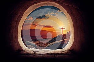 Resurrection of Jesus Christ, empty grave tomb with cross, bible story of Easter, crucifixion at sunrise