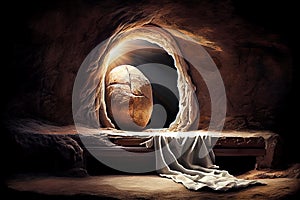 Resurrection of Jesus Christ, empty grave tomb with shroud, bible story of Easter, crucifixion at sunrise