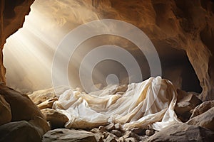 Resurrection of Jesus Christ, empty grave tomb with shroud, bible story of Easter, crucifixion at sunrise