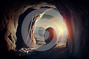 Resurrection of Jesus Christ, empty grave tomb with shroud, bible story of Easter, crucifixion at sunrise, generative AI