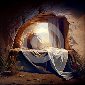 Resurrection of Jesus Christ, empty grave tomb with shroud, bible story of Easter, crucifixion at sunrise