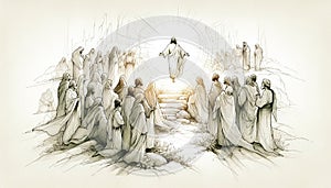 Resurrection of Jesus: Jesus appears to his followers. Life of Jesus. Digital line-art illustration.