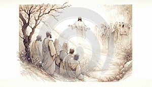 Resurrection of Jesus: Jesus appears to his followers. Life of Jesus. Digital line-art illustration.