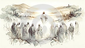 Resurrection of Jesus: Jesus appears to his followers. Life of Jesus. Digital line-art illustration.