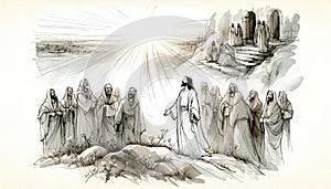 Resurrection of Jesus: Jesus appears to his followers. Life of Jesus. Digital line-art illustration.