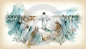 Resurrection of Jesus: Jesus appears to his followers. Life of Jesus. Digital line-art illustration.