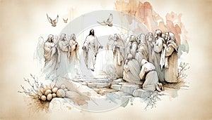 Resurrection of Jesus: Jesus appears to his followers. Life of Jesus. Digital line-art illustration.