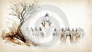 Resurrection of Jesus: Jesus appears to his followers. Life of Jesus. Digital line-art illustration.