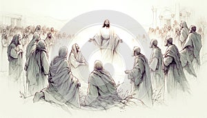 Resurrection of Jesus: Jesus appears to his followers. Life of Jesus. Digital line-art illustration.