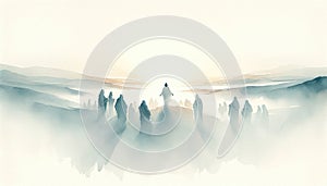 Resurrection of Jesus: Jesus appears to his followers. Life of Jesus. Digital watercolor painting.