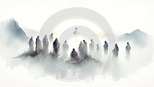 Resurrection of Jesus: Jesus appears to his followers. Life of Jesus. Digital watercolor painting.