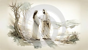 Resurrection of Jesus: Jesus appears to Mary Magdalene. Life of Jesus. Line-art digital illustration.