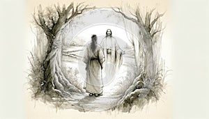 Resurrection of Jesus: Jesus appears to Mary Magdalene. Life of Jesus. Line-art digital illustration.