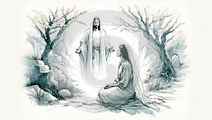 Resurrection of Jesus: Jesus appears to Mary Magdalene. Life of Jesus. Line-art digital illustration.