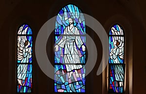 Resurrection of Jesus, stained glass window in the church of St. Martin in Dugo Selo, Croatia