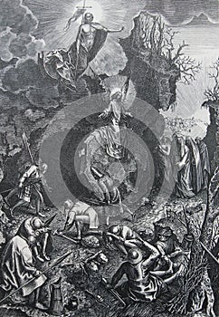 The resurrection by Pieter Brueghel engraved in a vintage book History of Painters, author Jules Benouard, 1864, Paris