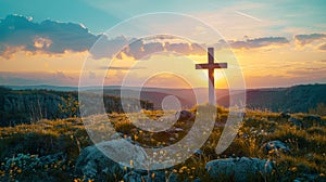 Resurrection symbol empty tomb and cross on meadow at sunrise for good friday concept