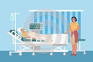 Resuscitation medical ward with drip, ventilator, sad woman and patient in hospital bed, flat vector illustration.