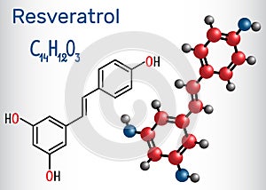 Resveratrol molecule. It is natural phenol, phytoalexin, antioxidant. Structural chemical formula and molecule model