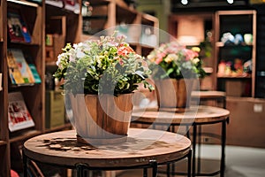 Retail ambiance fresh flower pot enhances wooden table display photo