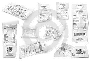 Retail bills. Supermarket print bill, isolated restaurant check atm financial check. Realistic market pay paper or