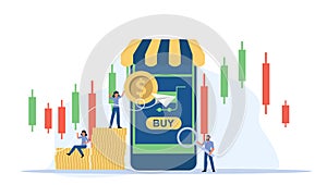 Retail buying vector display smart product illustration shopping store. People buy store bag shop market. Commerce business