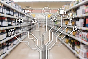 Retail concept marketing channels E-commerce Shopping automation on blurred supermarket background.