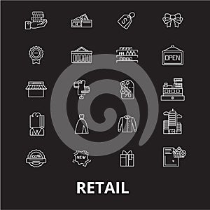 Retail editable line icons vector set on black background. Retail white outline illustrations, signs, symbols