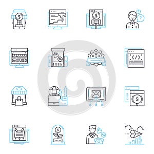 Retail Items linear icons set. Apparel, Shoes, Accessories, Electronics, Toys, Beauty, Books line vector and concept