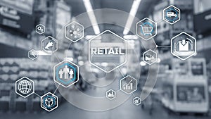 Retail Marketing Channels E-commerce. Shopping automation on blurred supermarket background 2021.
